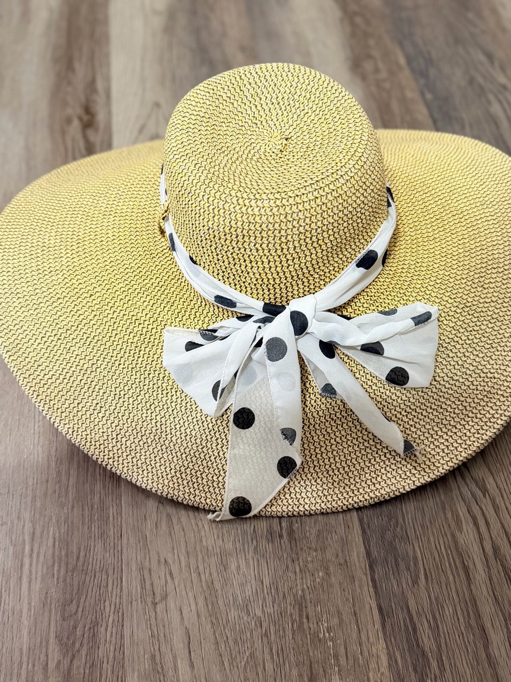 Mango Yellow Wide-Brim Straw Hat with Polka Dot Scarf